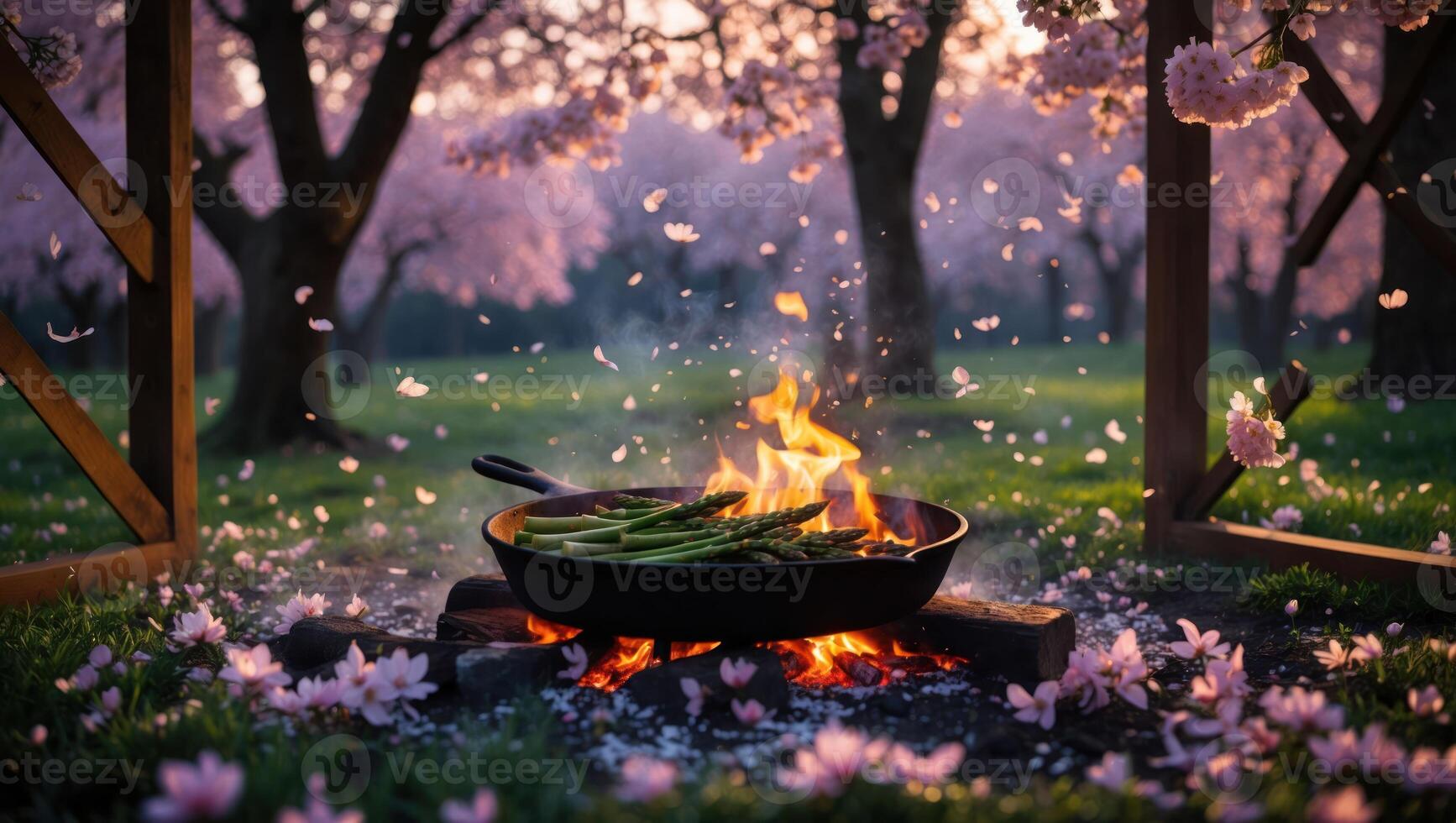 Cooking Asparagus Over Open Fire in Blossoming Orchard Spring Scene photo