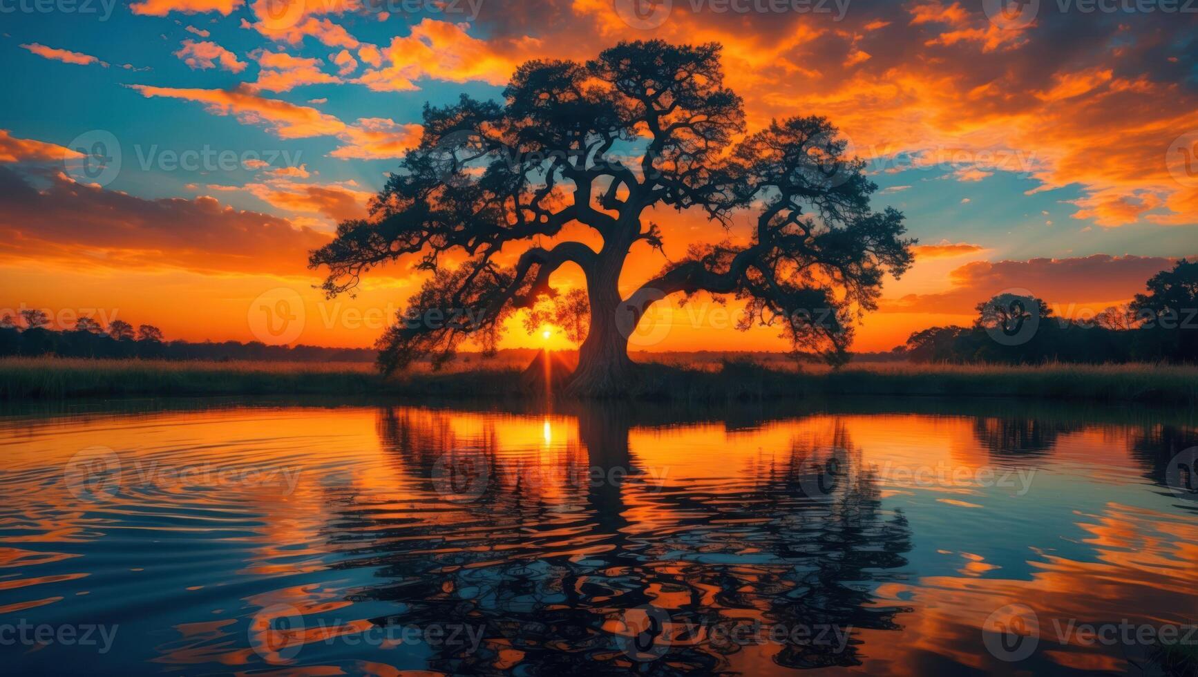 Tranquil Lake Scene with Tree Silhouette Reflecting Colorful Sunset Sky photo