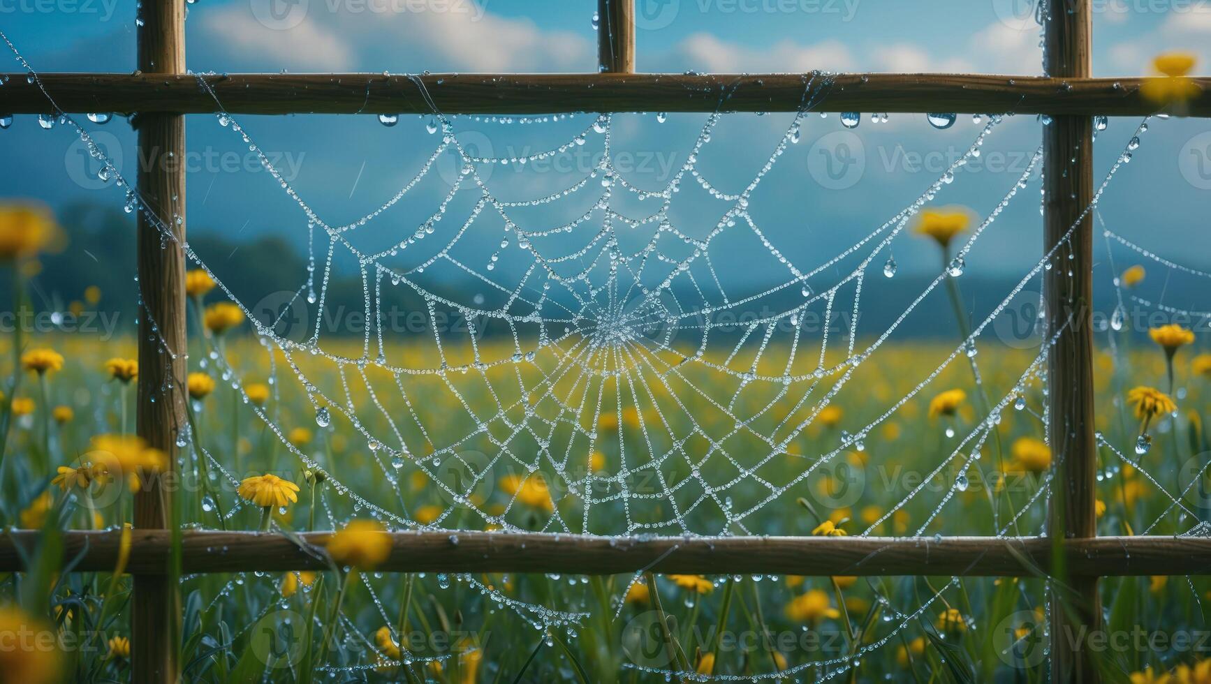 Spiderweb Covered in Dew Drops in Field of Yellow Flowers photo