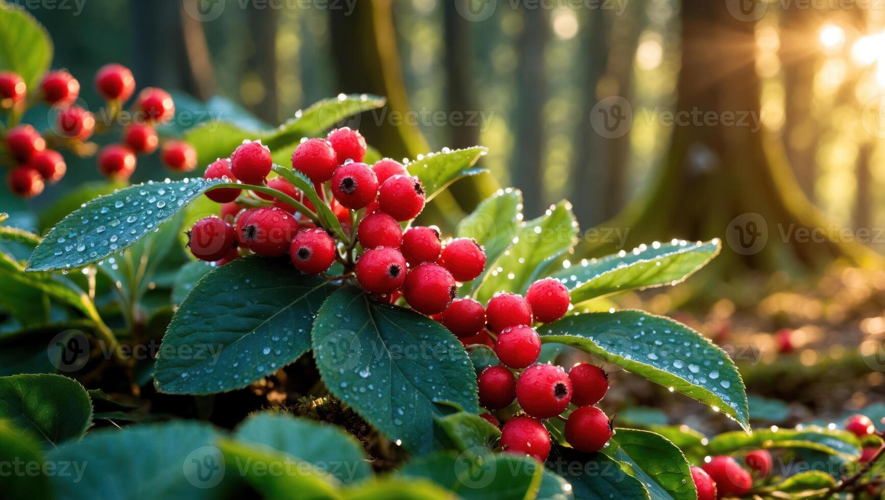 Red Berries Growing with Green Leaves in Forest with Sunlight photo