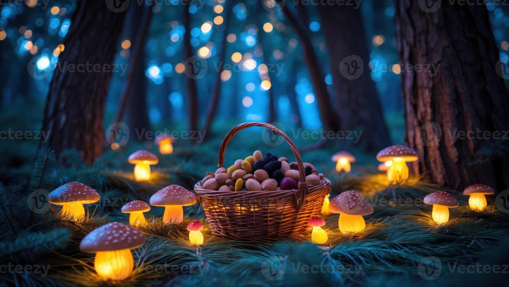 Glowing Mushrooms and Basket of Nuts in Enchanted Woodland Scene photo