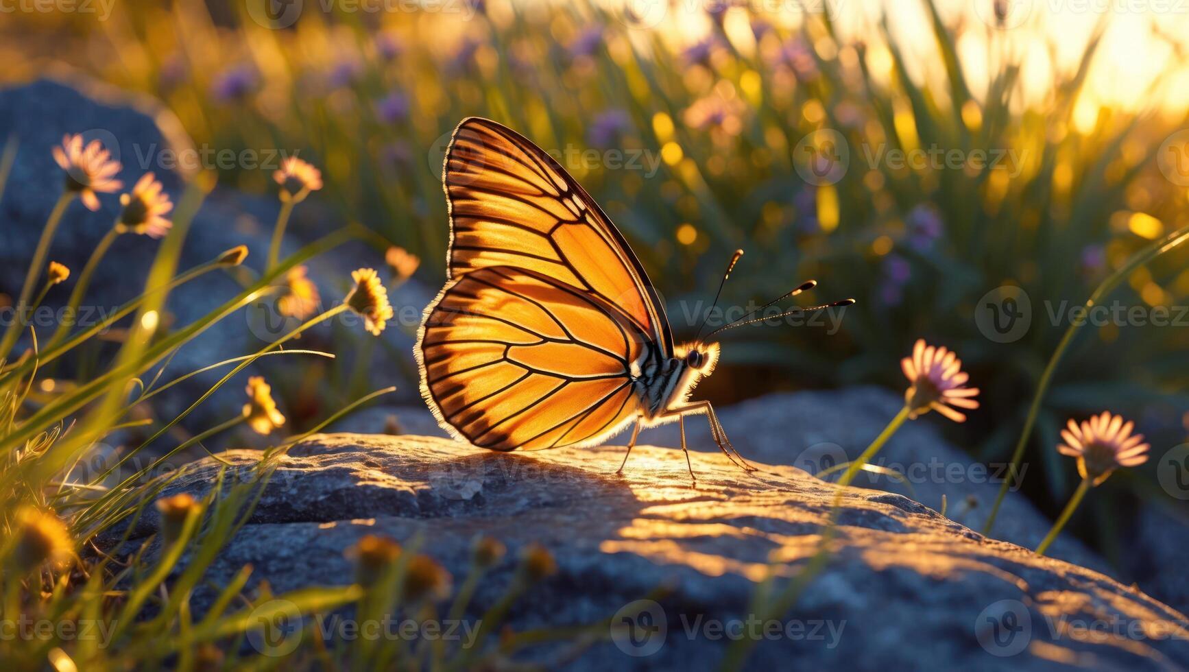 Butterfly Resting on Rock in Meadow During Golden Hour Light photo