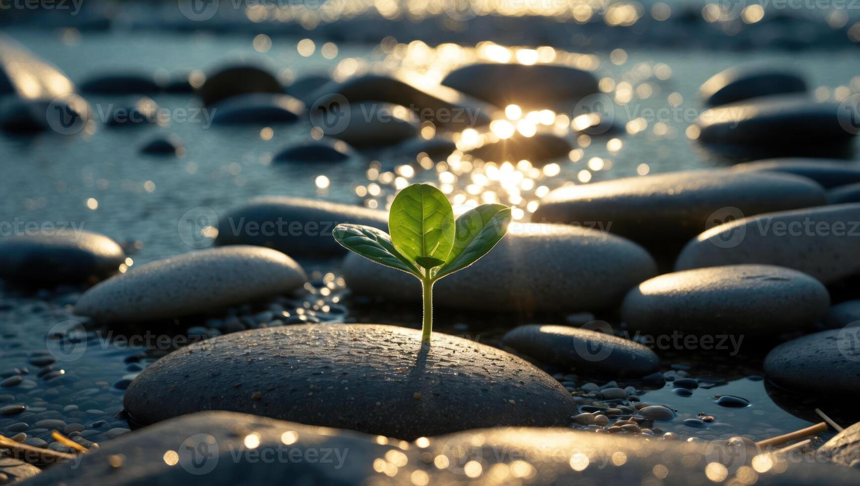 Green Sprout Growing on Stone Beach Shoreline with Golden Light photo