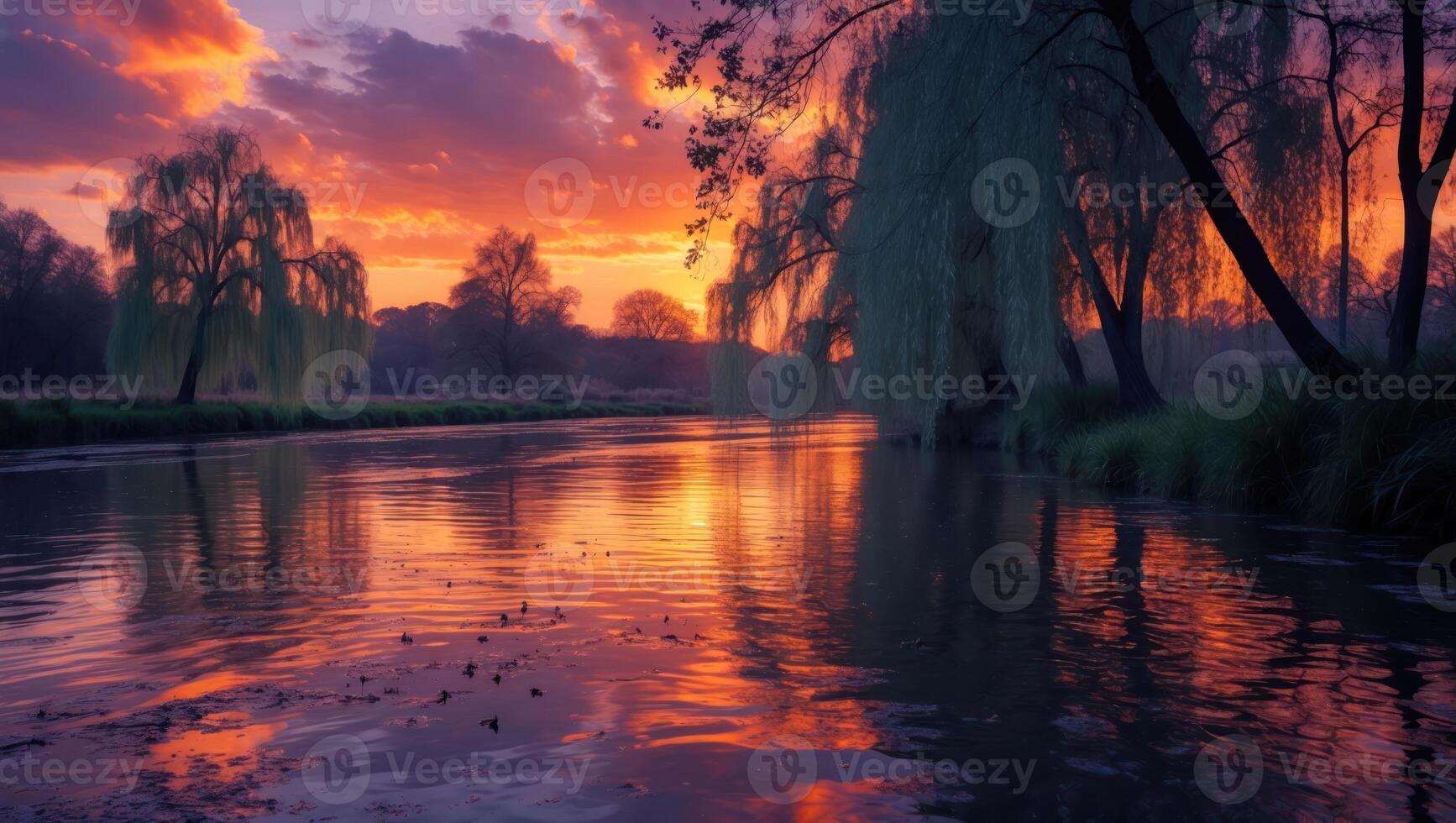 River Reflecting Colorful Sunset with Willow Trees in Tranquil Nature photo