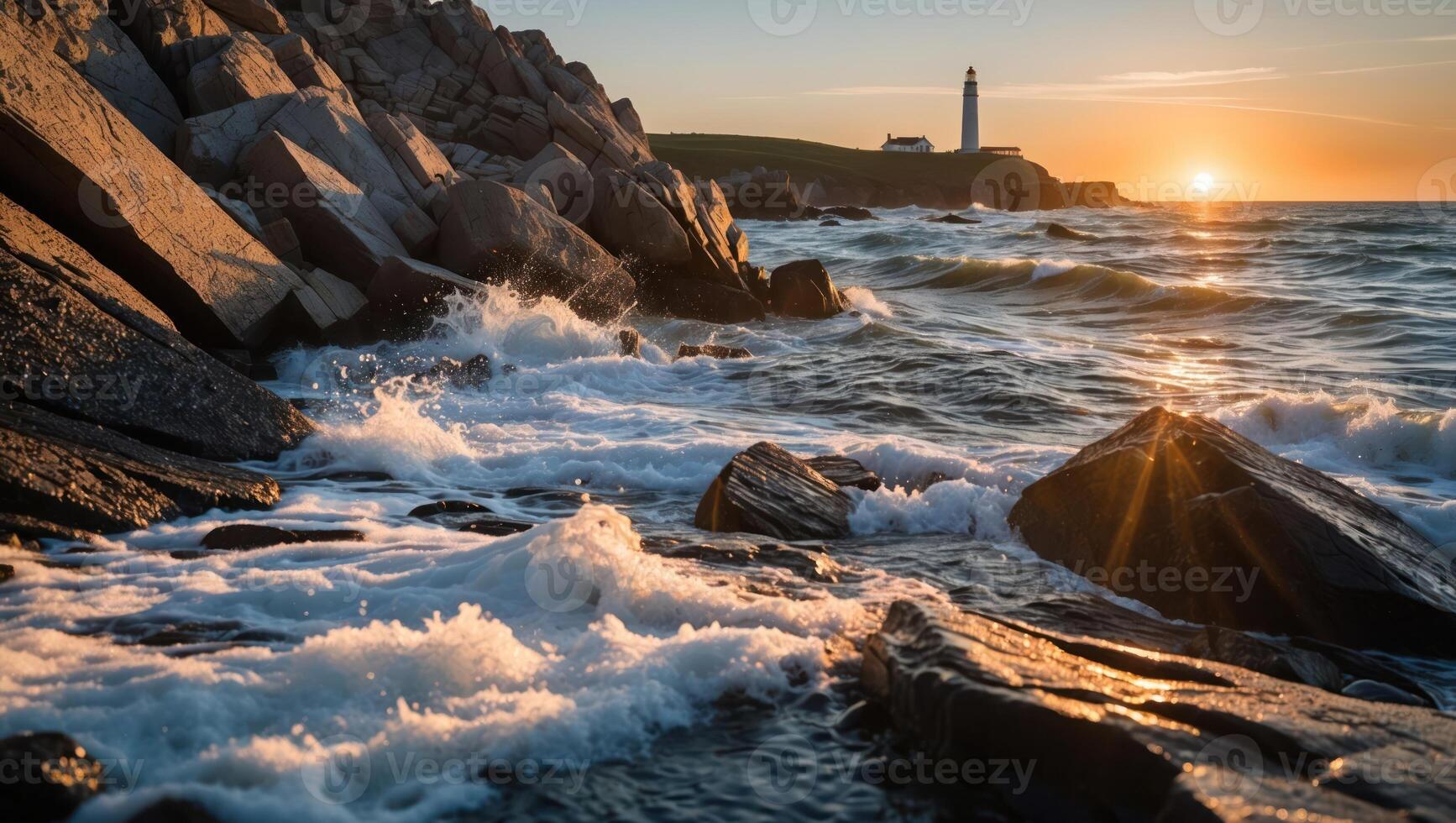 Ocean Waves Crashing on Rocky Shoreline at Sunset with Lighthouse View photo