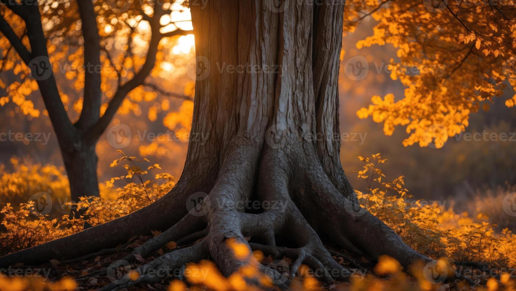 Autumnal Tree Roots and Golden Leaves Illuminated by Soft Sunlight photo
