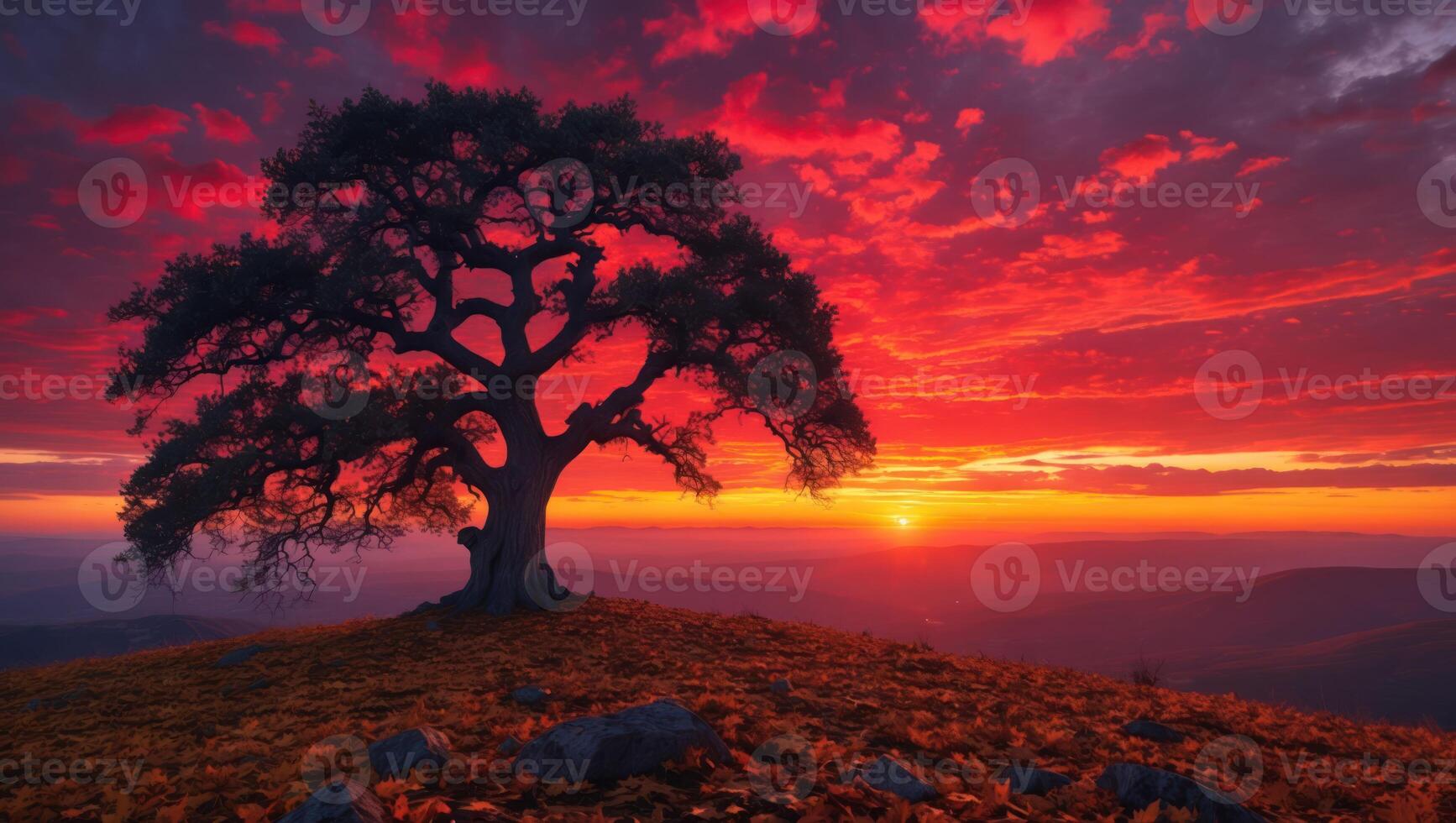 Solitary Tree Silhouetted Against a Vibrant Sunset Sky on Hilltop photo