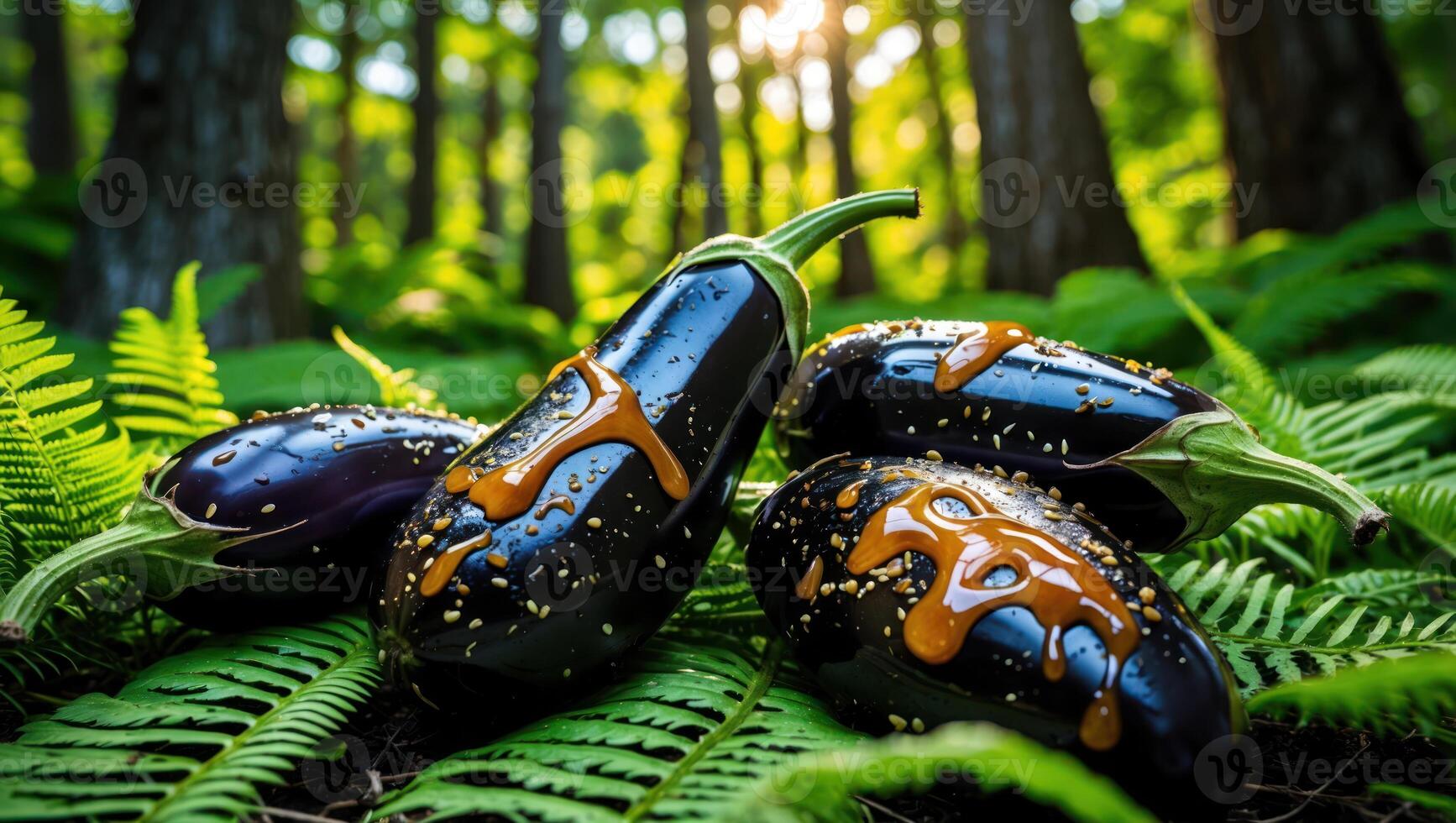 Eggplant with Caramel Drizzle Resting on Ferns in Forest Sunlight photo