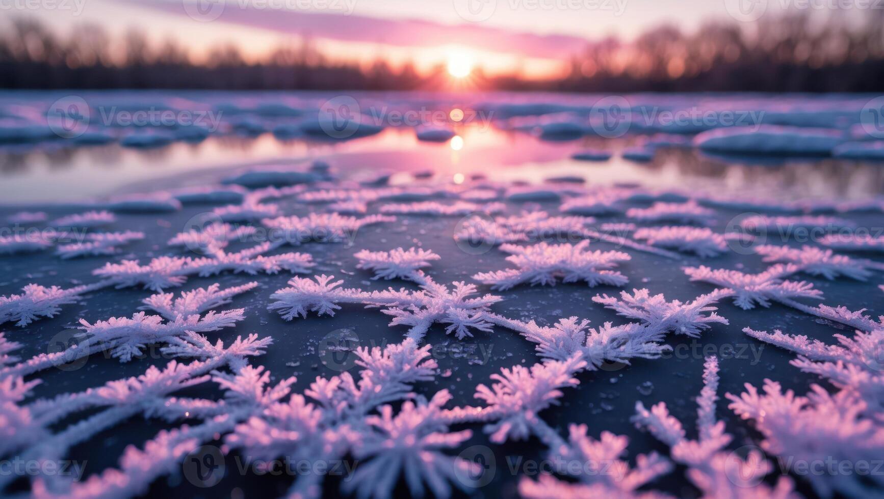 Frozen Lake Ice Crystals at Sunset Creates Beautiful Winter Scenery photo
