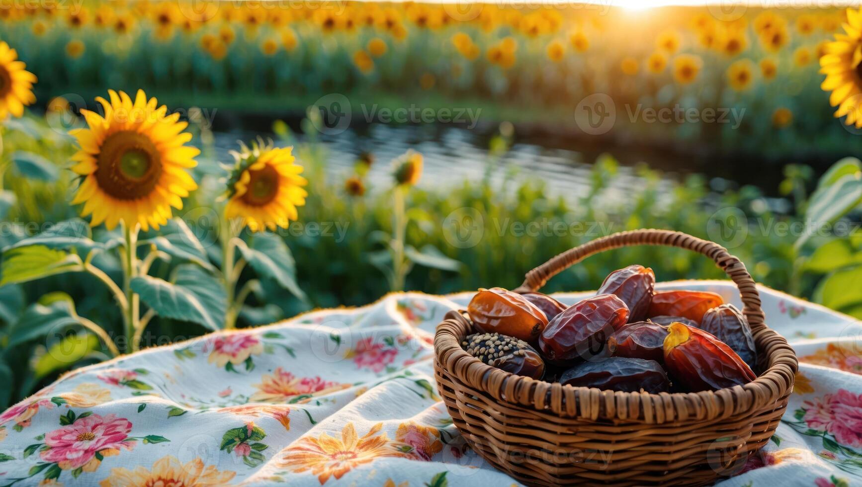 Dates in Wicker Basket with Sunflower Field at Sunset photo