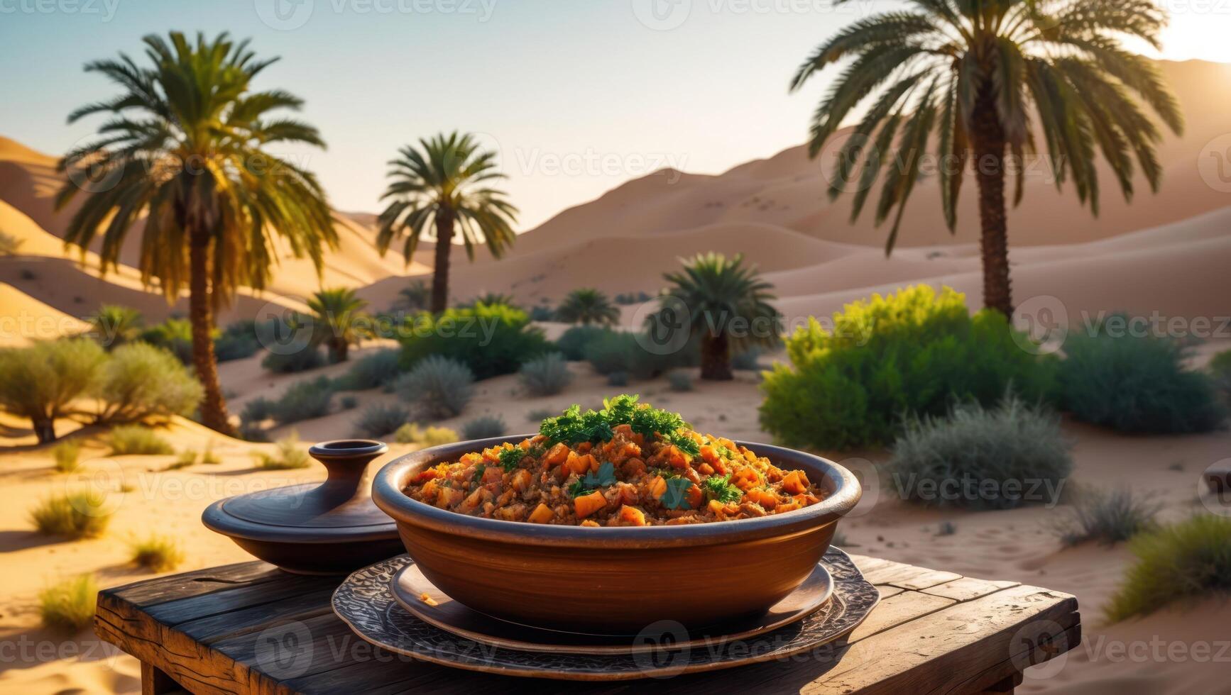Desert Cuisine Dish Served on Wooden Table with Palm Tree View photo