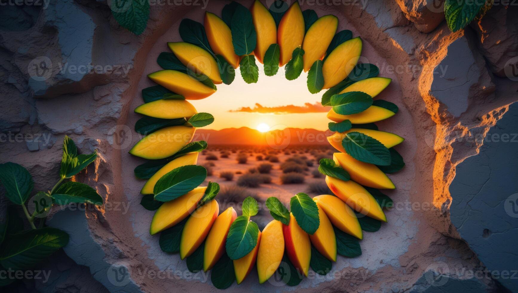 Arrangement of Mango Slices and Mint Leaves Framing a Desert Sunset photo