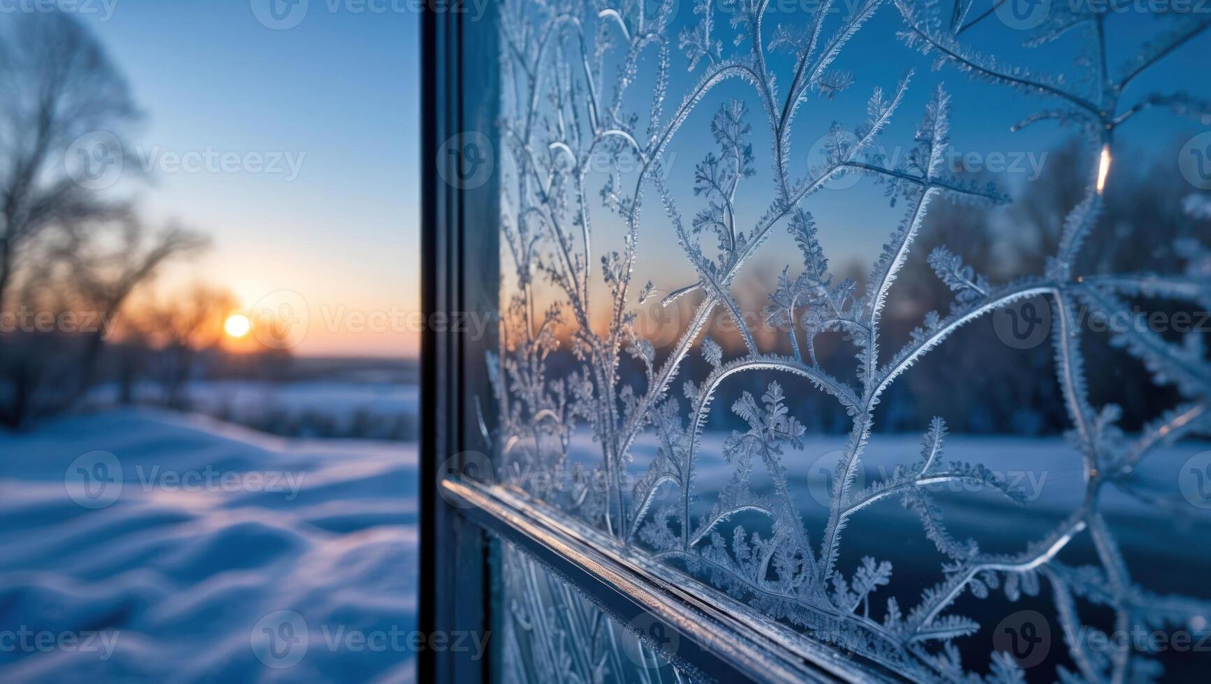 Frost Window with Snowy Landscape and Setting Sun View photo
