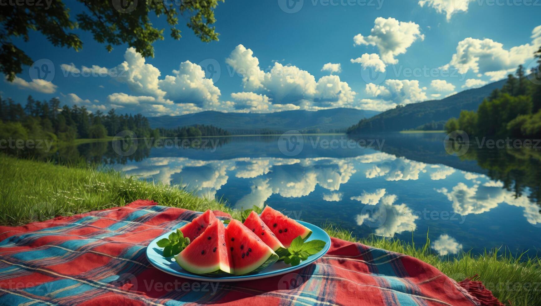 Enjoying Watermelon Picnic by a Peaceful Lake with Sky Reflections photo