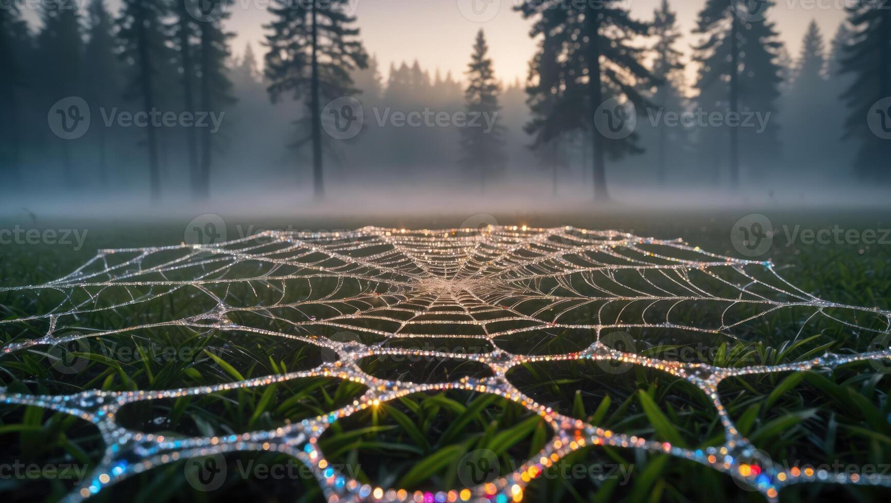Sparkling Spiderweb Covered in Dew on Grassy Field at Dawn photo