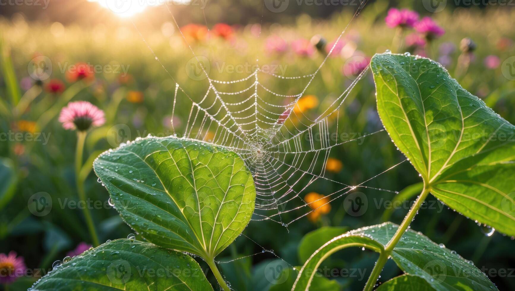 Spiderweb with Dew Drops on Green Leaves in a Flower Field photo