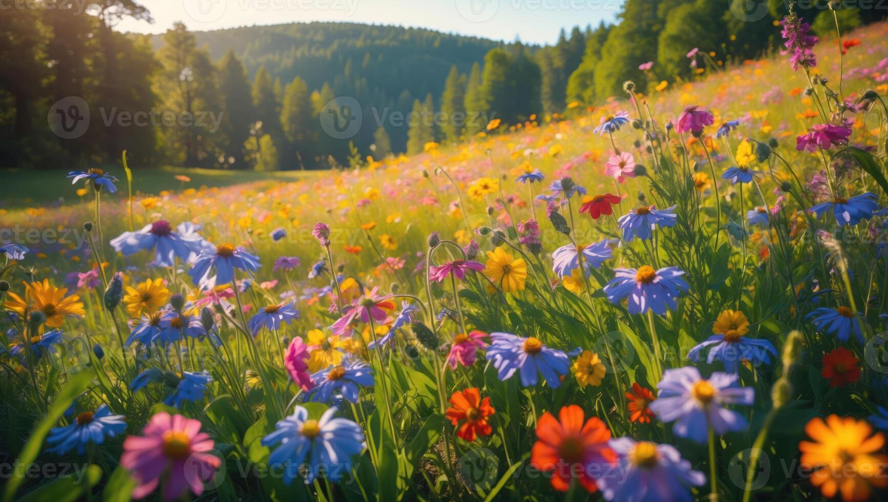 Blooming Meadow with Wildflowers and Distant Forest on Sunny Hillside photo