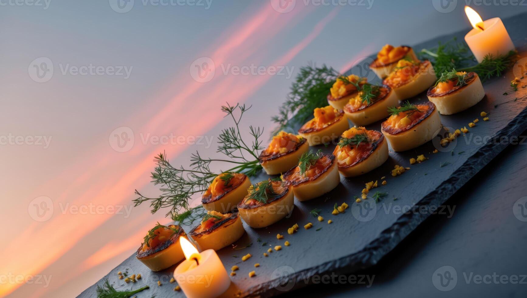 Appetizer Bites on Slate Board Lit by Candles Against Sunset Sky photo