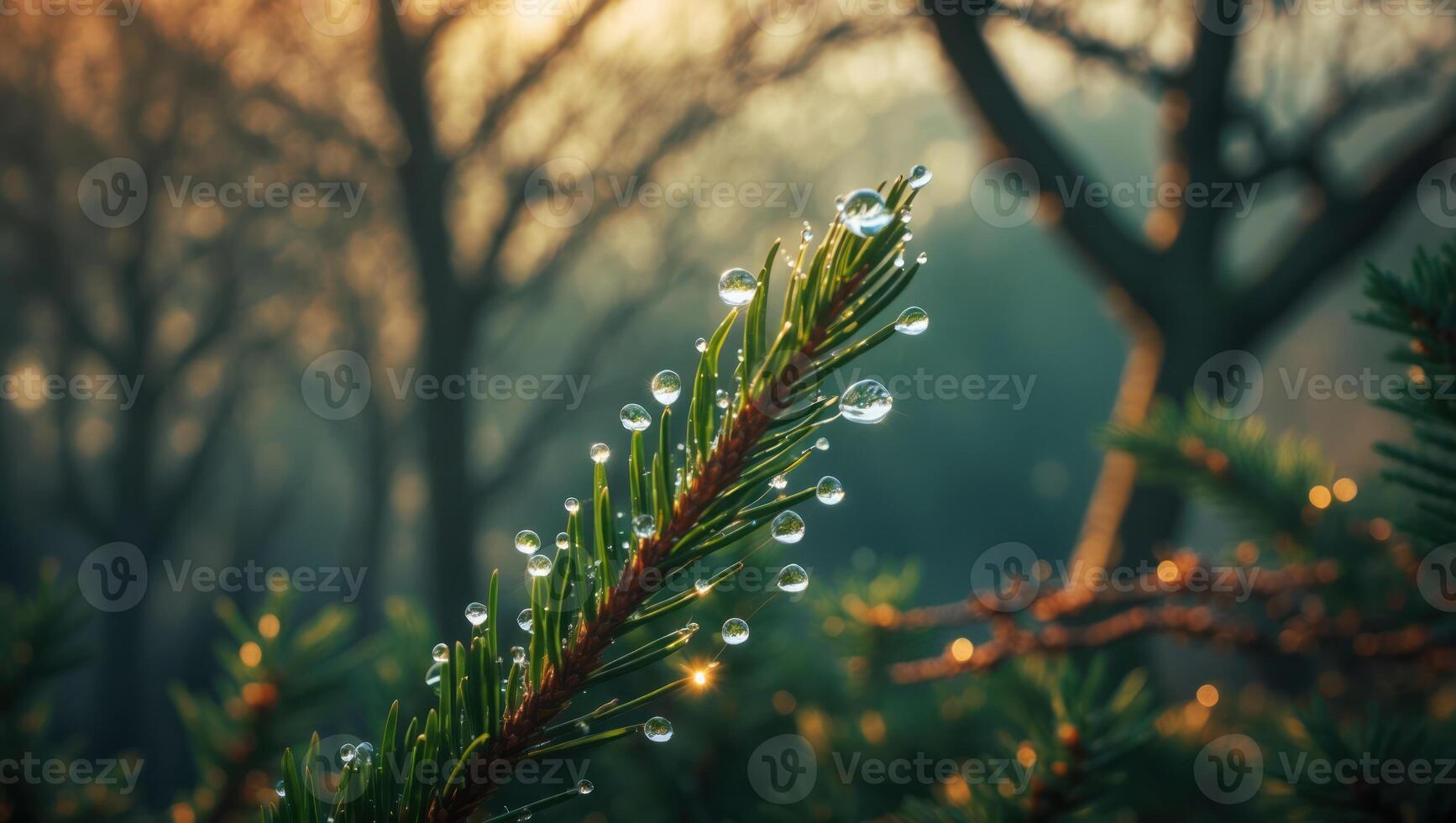 Pine Branch with Water Droplets Reflecting Light in Forest Setting photo