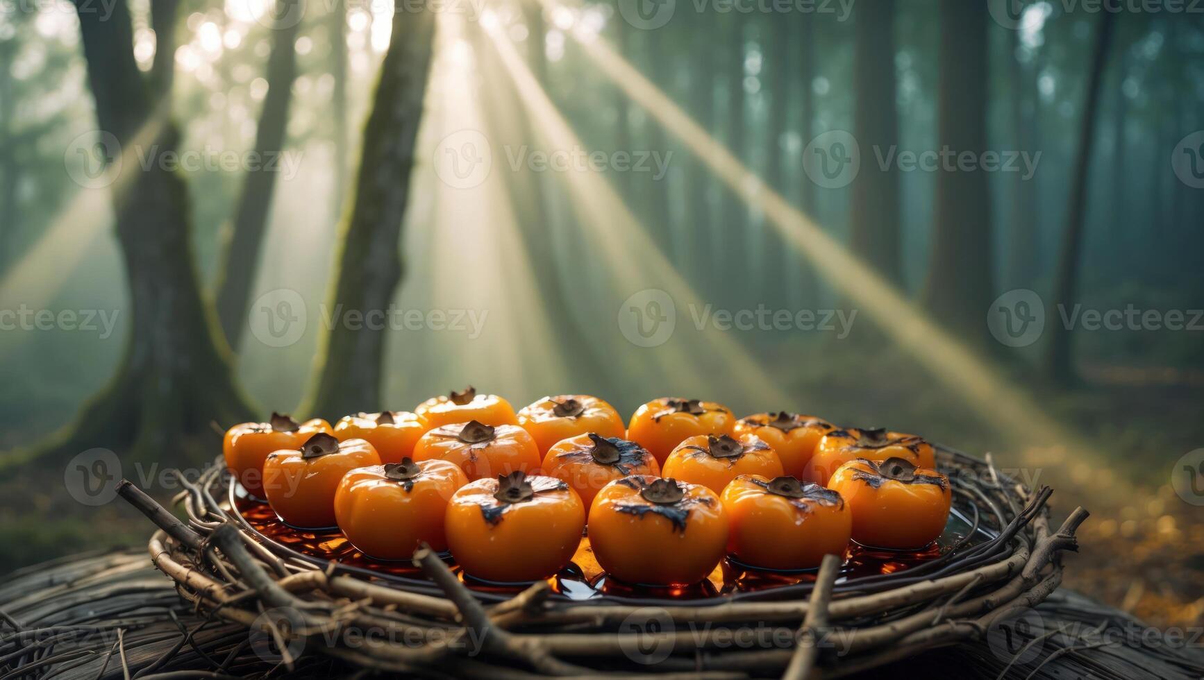 Persimmon Fruit Gathering in Forest with Sun Rays and Natural Nest photo