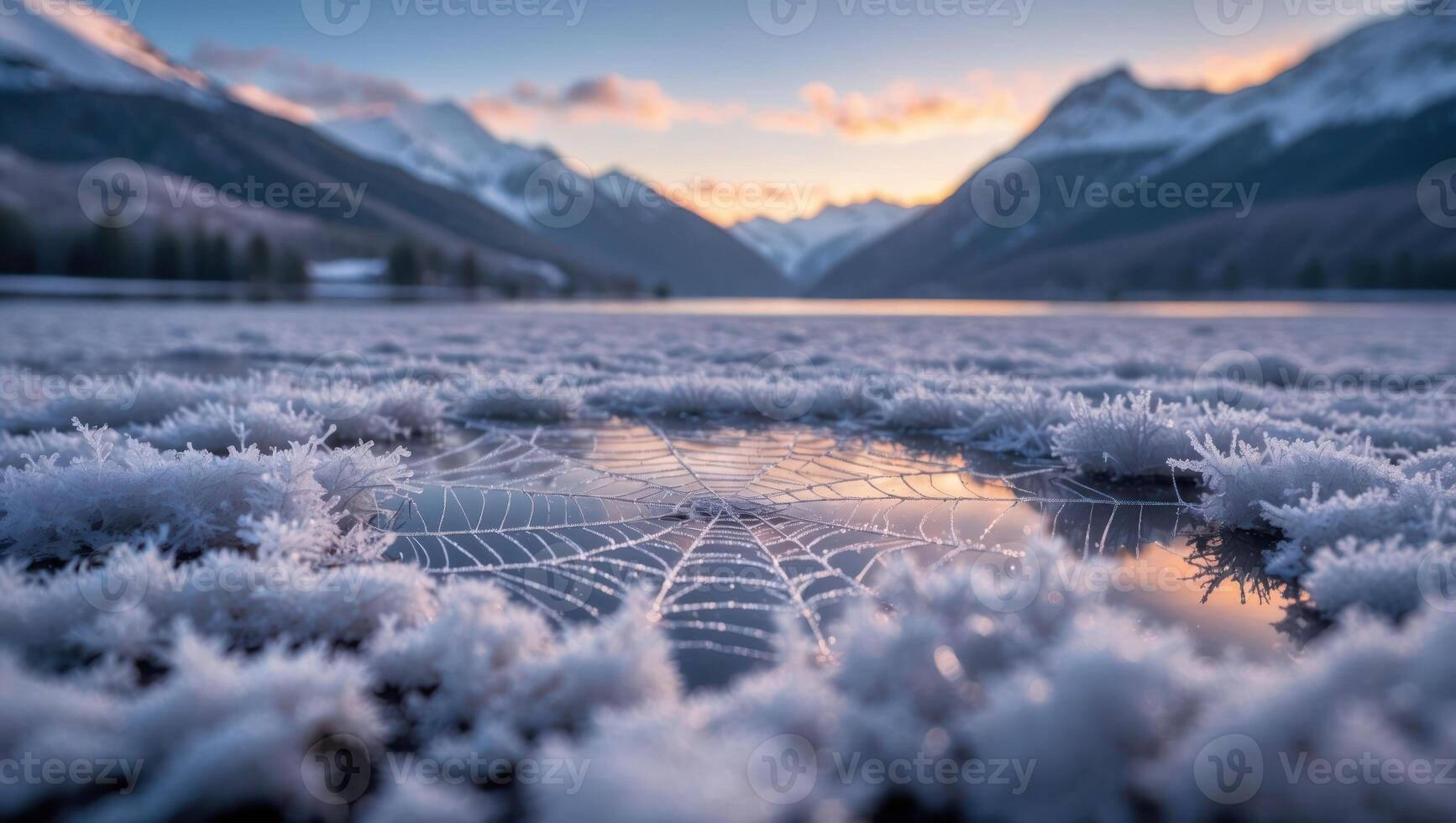 Frozen Lake Surface with Spiderweb and Mountain Backdrop at Sunset photo