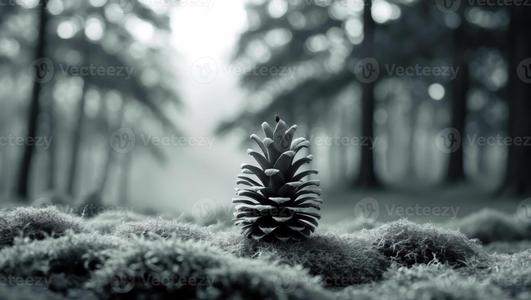 Pine Cone Resting on Moss in Forest with Foggy Atmosphere photo