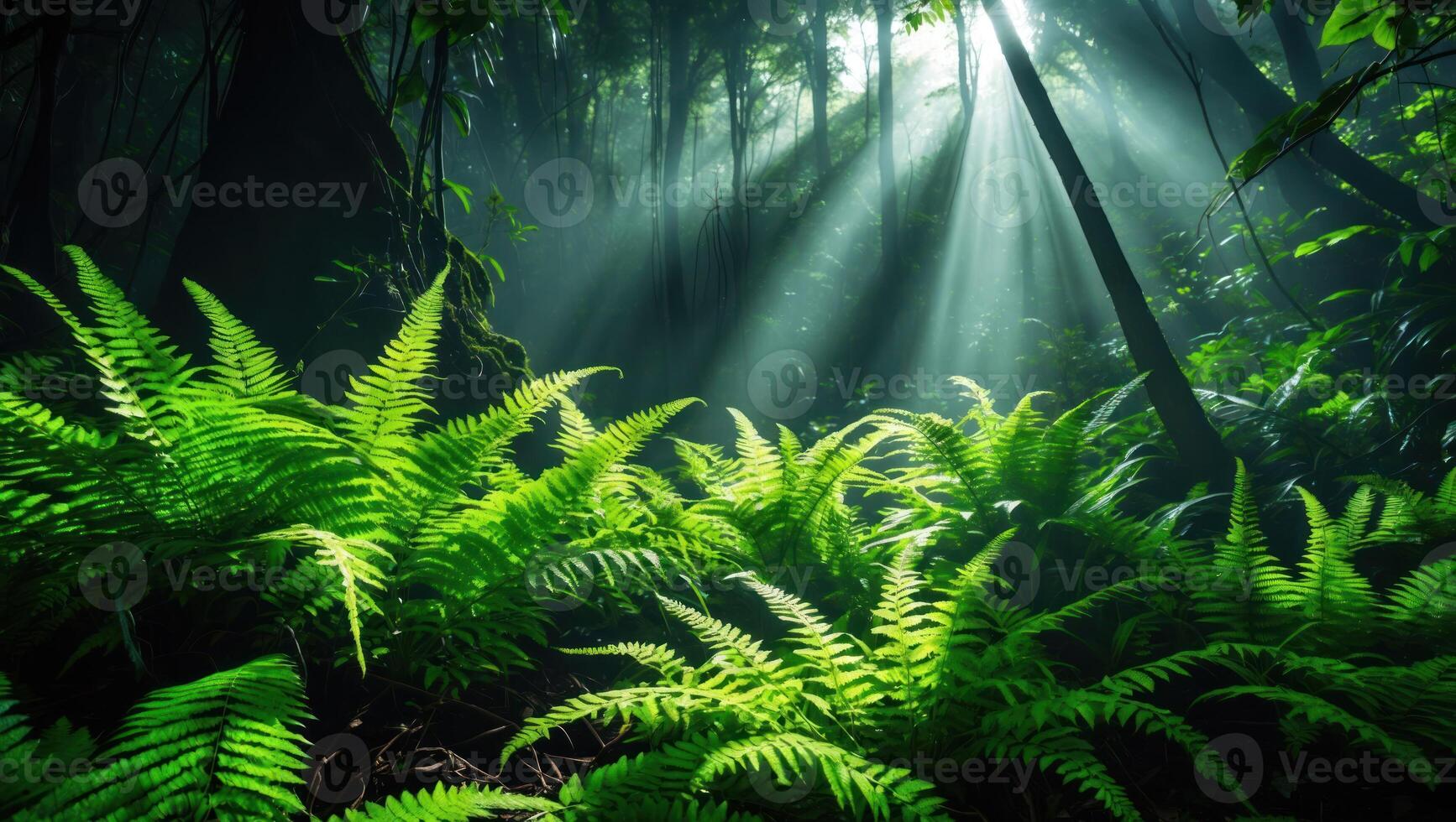 Lush Green Ferns in a Forest with Sunlight Streaming Through Trees photo
