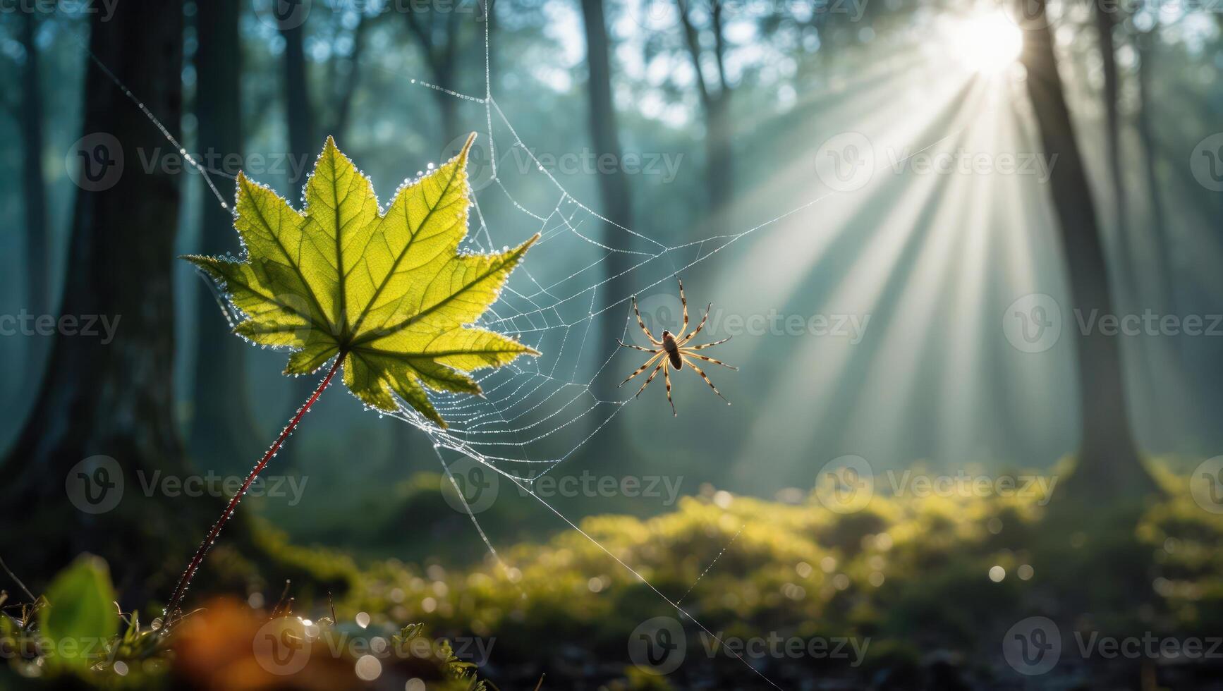 Spider on Web with Dew Covered Leaf in a Forest Sunlight photo