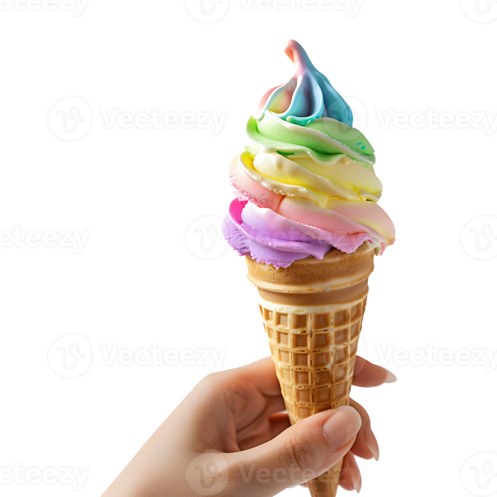 Hand holding a pastel rainbow ice cream scoop on a transparent background png