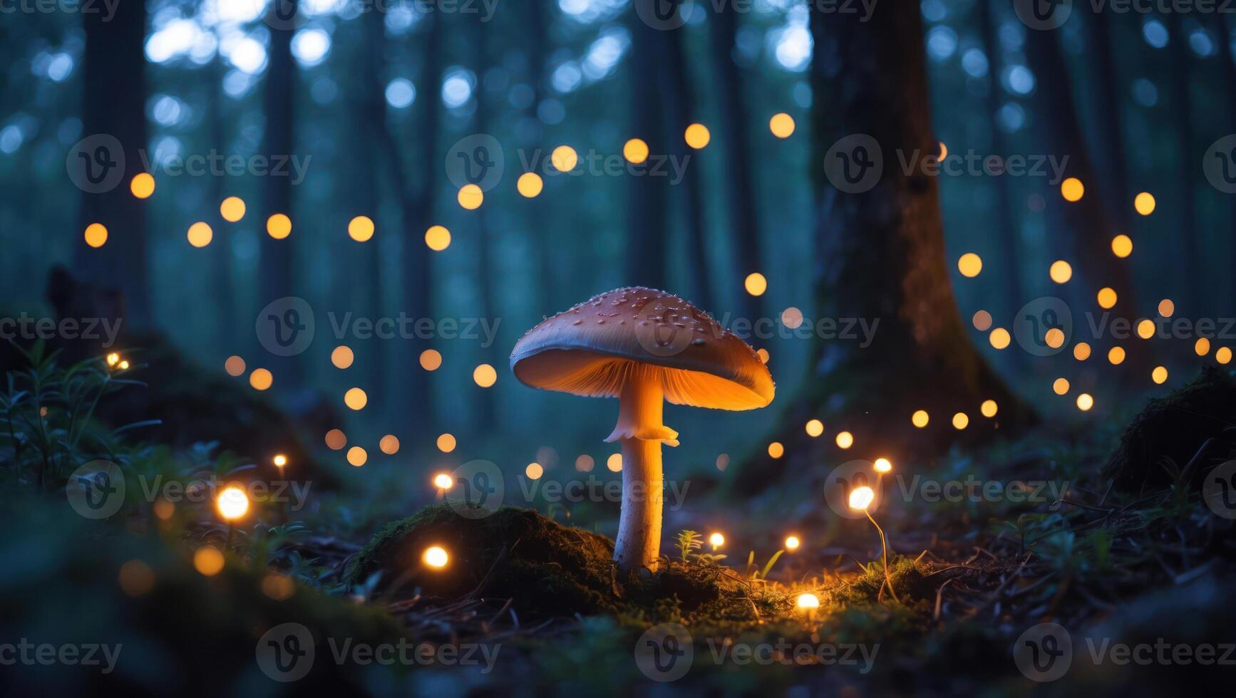 Glowing Mushroom in Forest with Fairy Lights and Magical Atmosphere photo