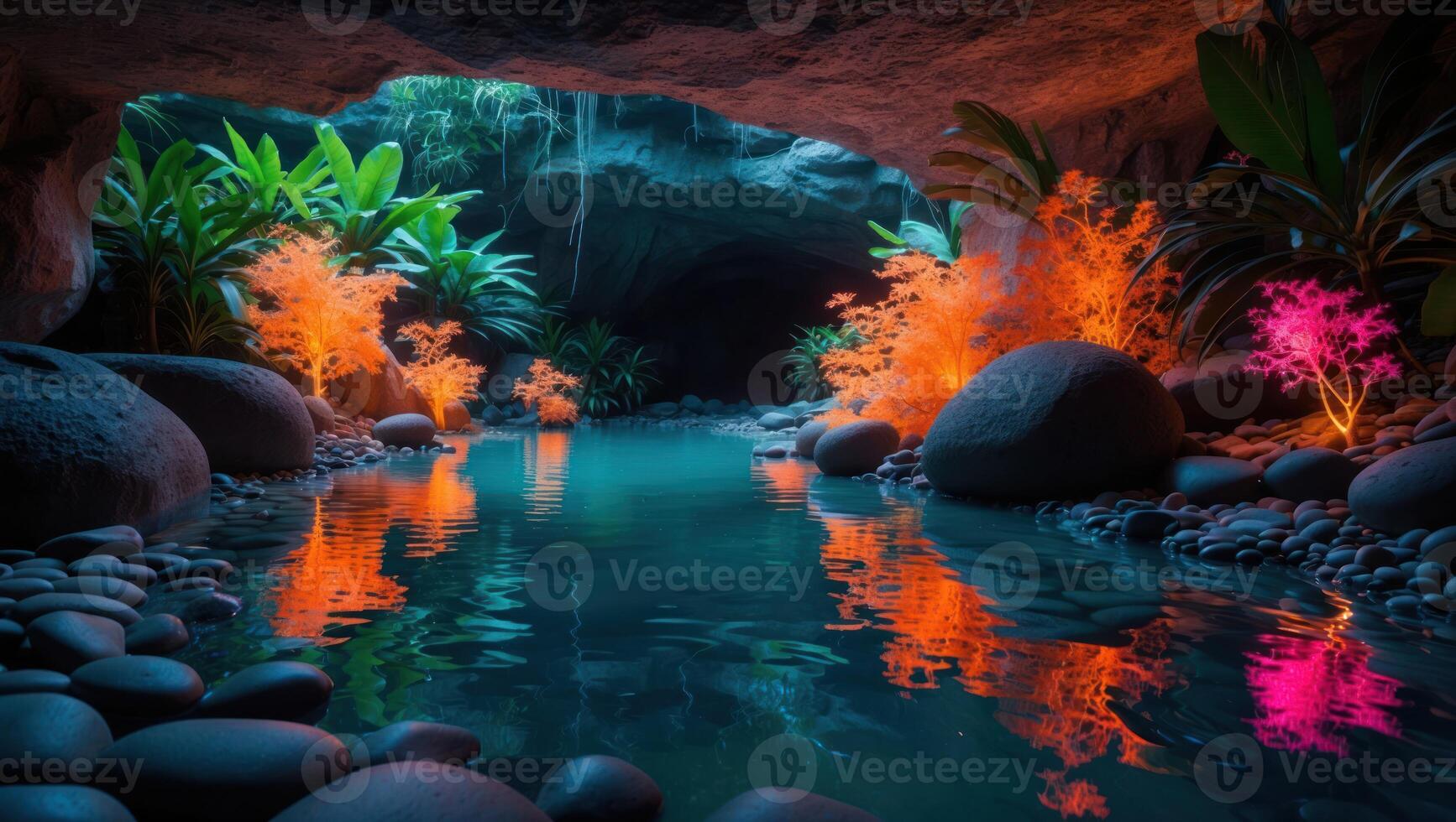 Serene Cave Pool Reflecting Colorful Plants and Rock Formations photo