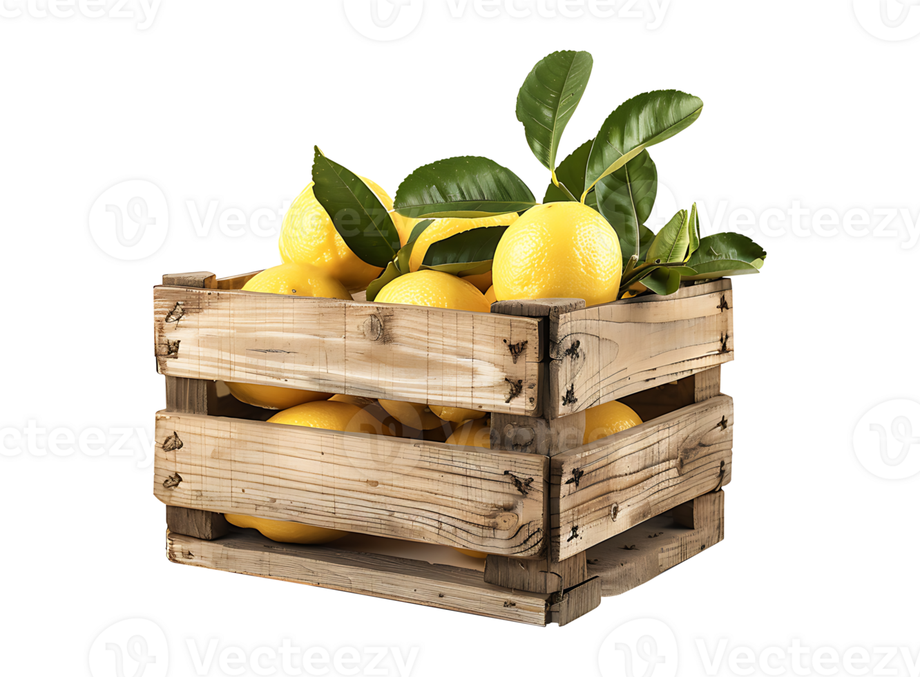 Wooden light wood crate box with lemon, front view, on transparent background png
