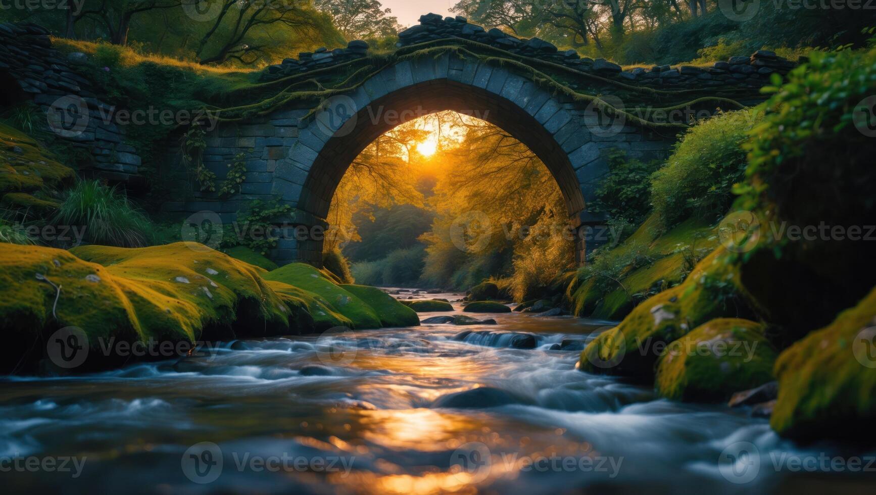 River Flowing Under Stone Bridge at Sunset with Golden Light photo