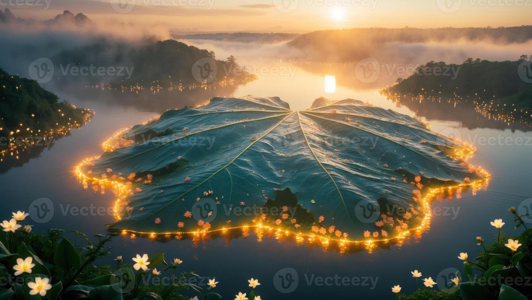 Giant Leaf Floating on Lake at Dawn with Lights and Flowers photo