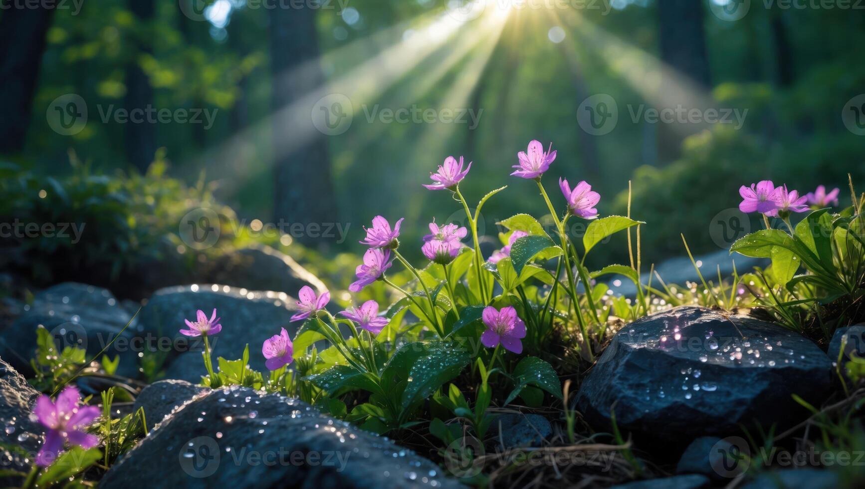 Blooming Purple Flowers in Forest Sunlight with Dew on Rocks photo