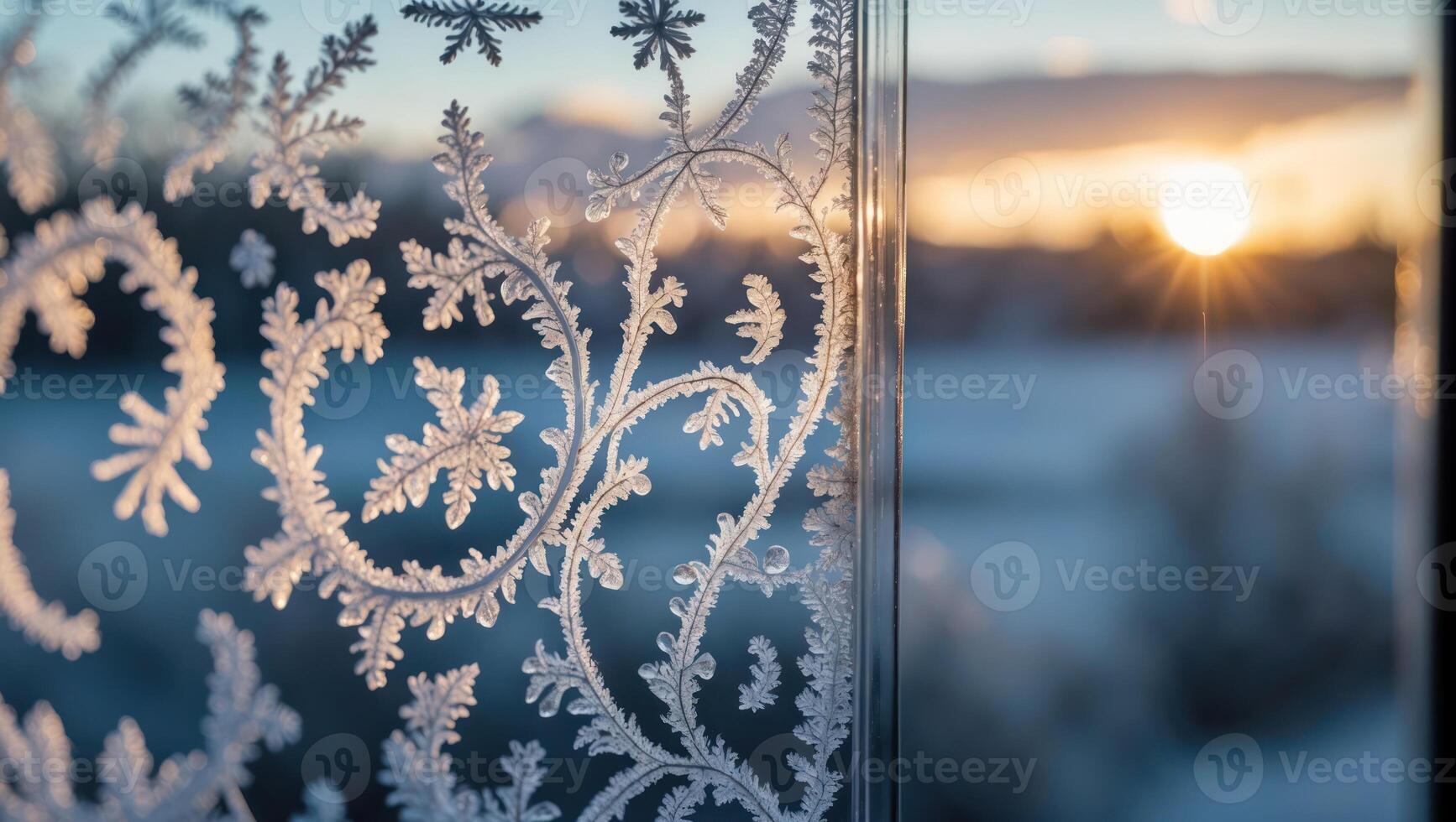 Frost Pattern on Window with Sunrise View Creating Winter Magic photo