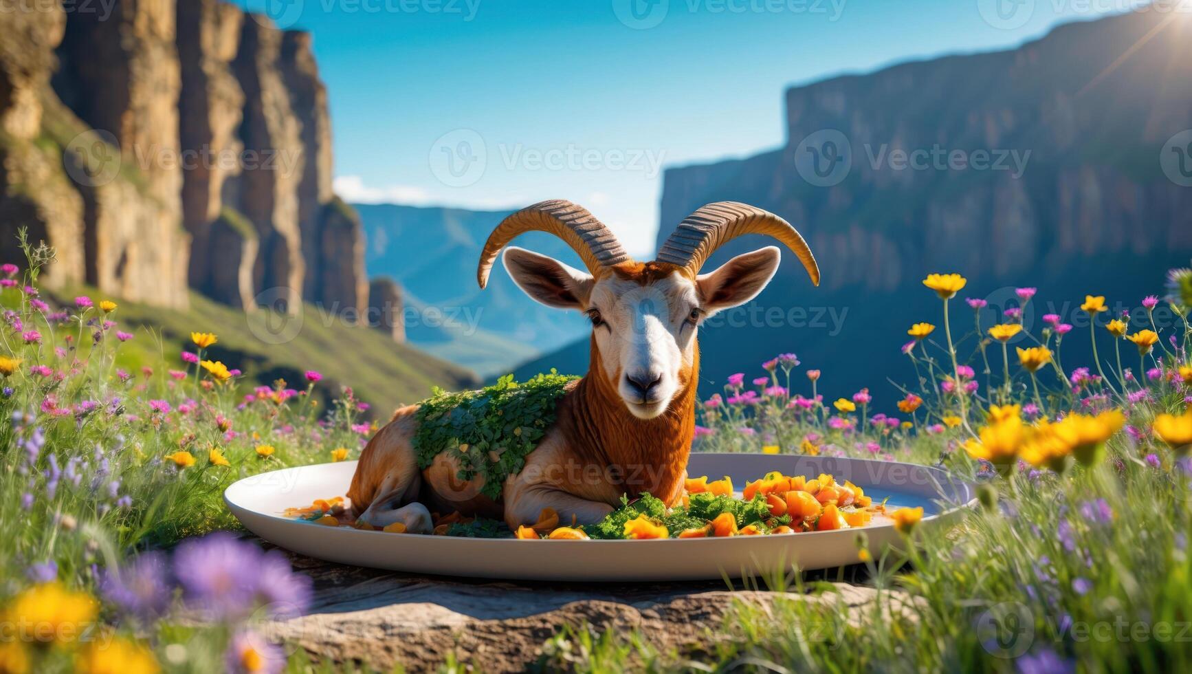 Resting Goat with Horns in Flower Field on Decorative Plate photo