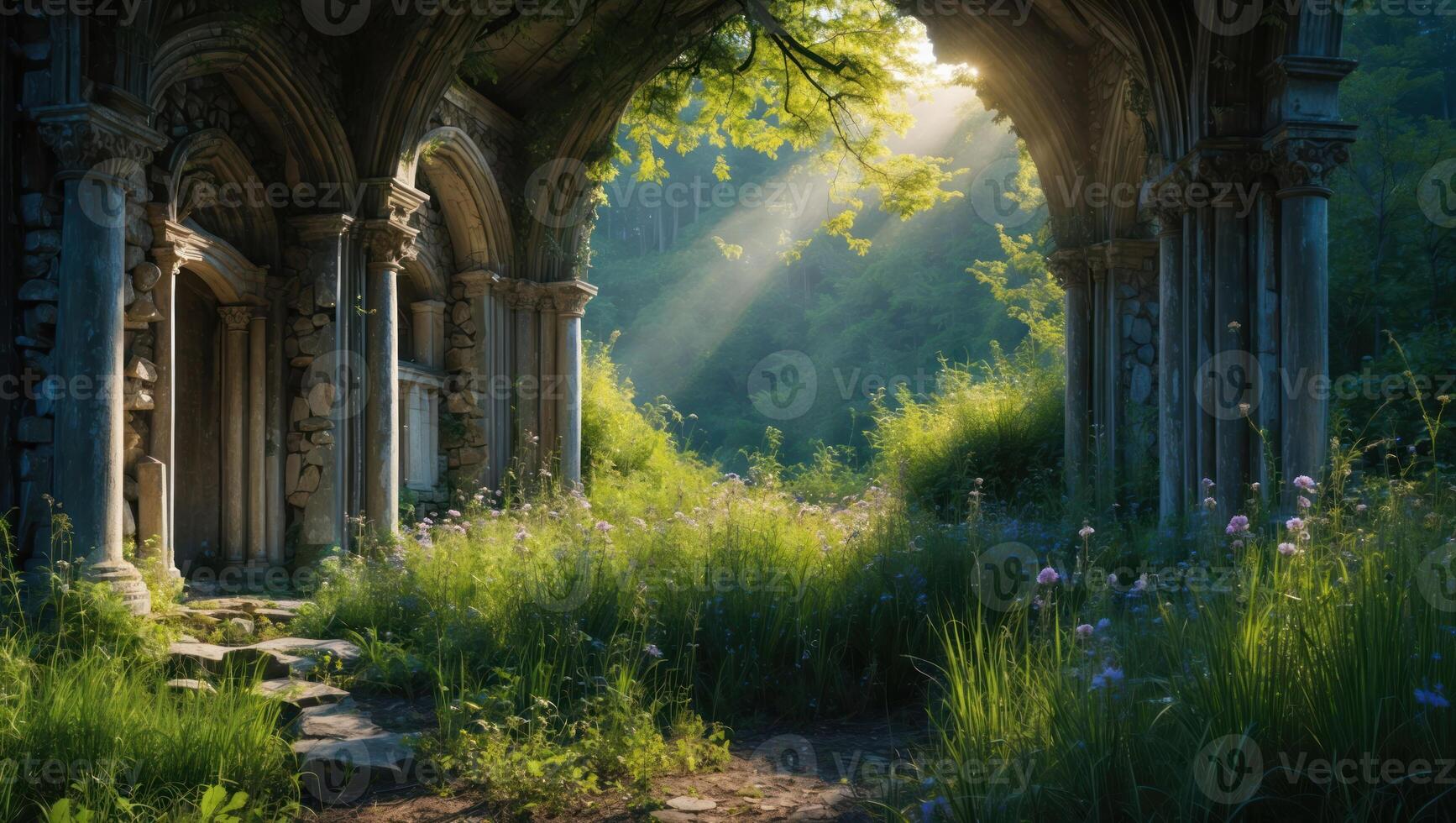 Exploring Ancient Stone Archway in Sunlit Meadow with Lush Greenery photo