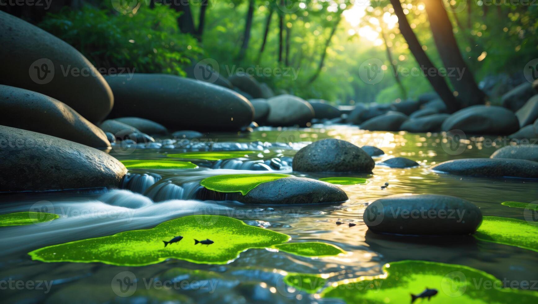 Flowing Stream with Rocks and Green Algae in a Lush Forest photo