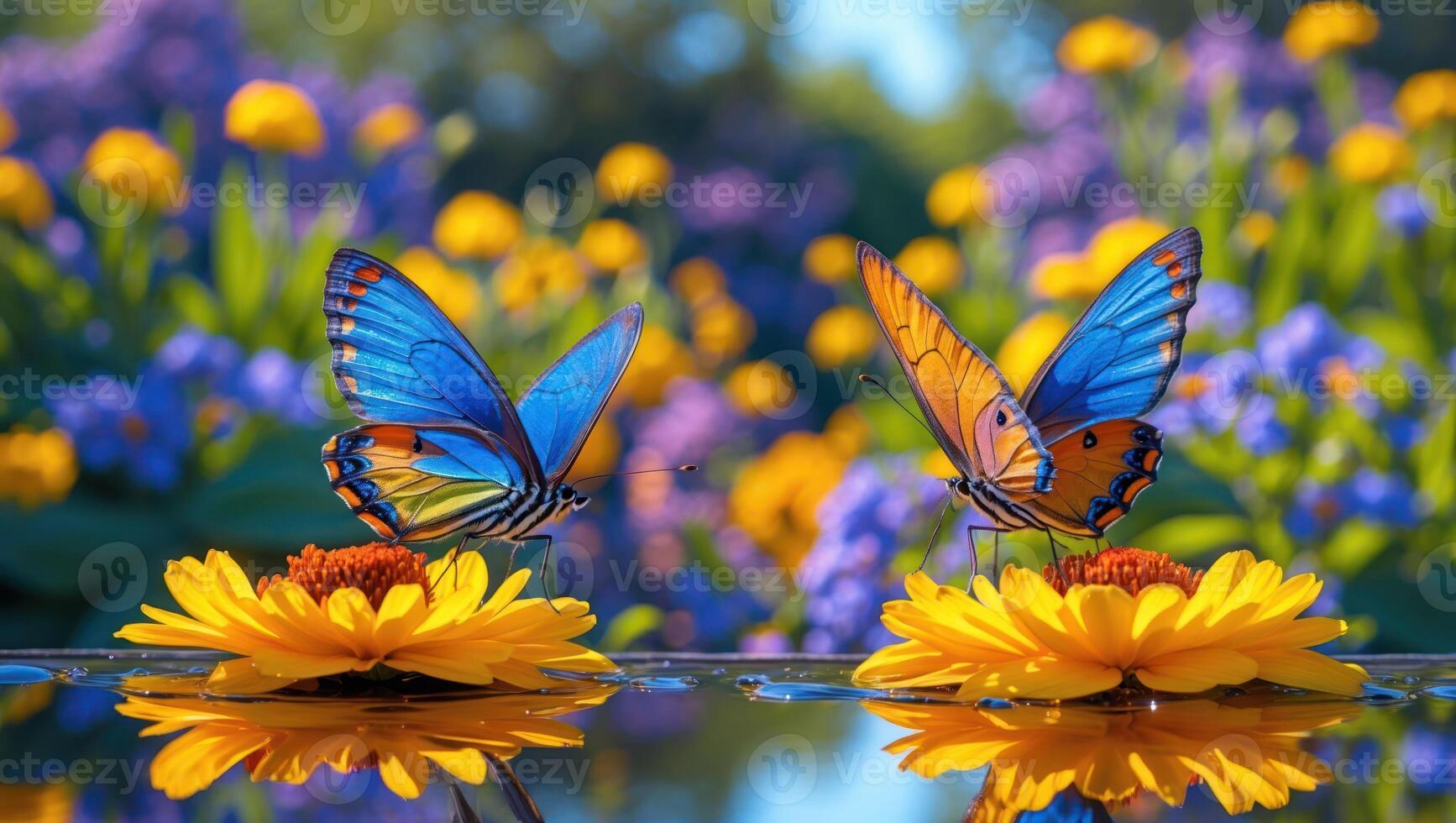 Butterflies on Flowers Reflecting in Water in a Colorful Field photo