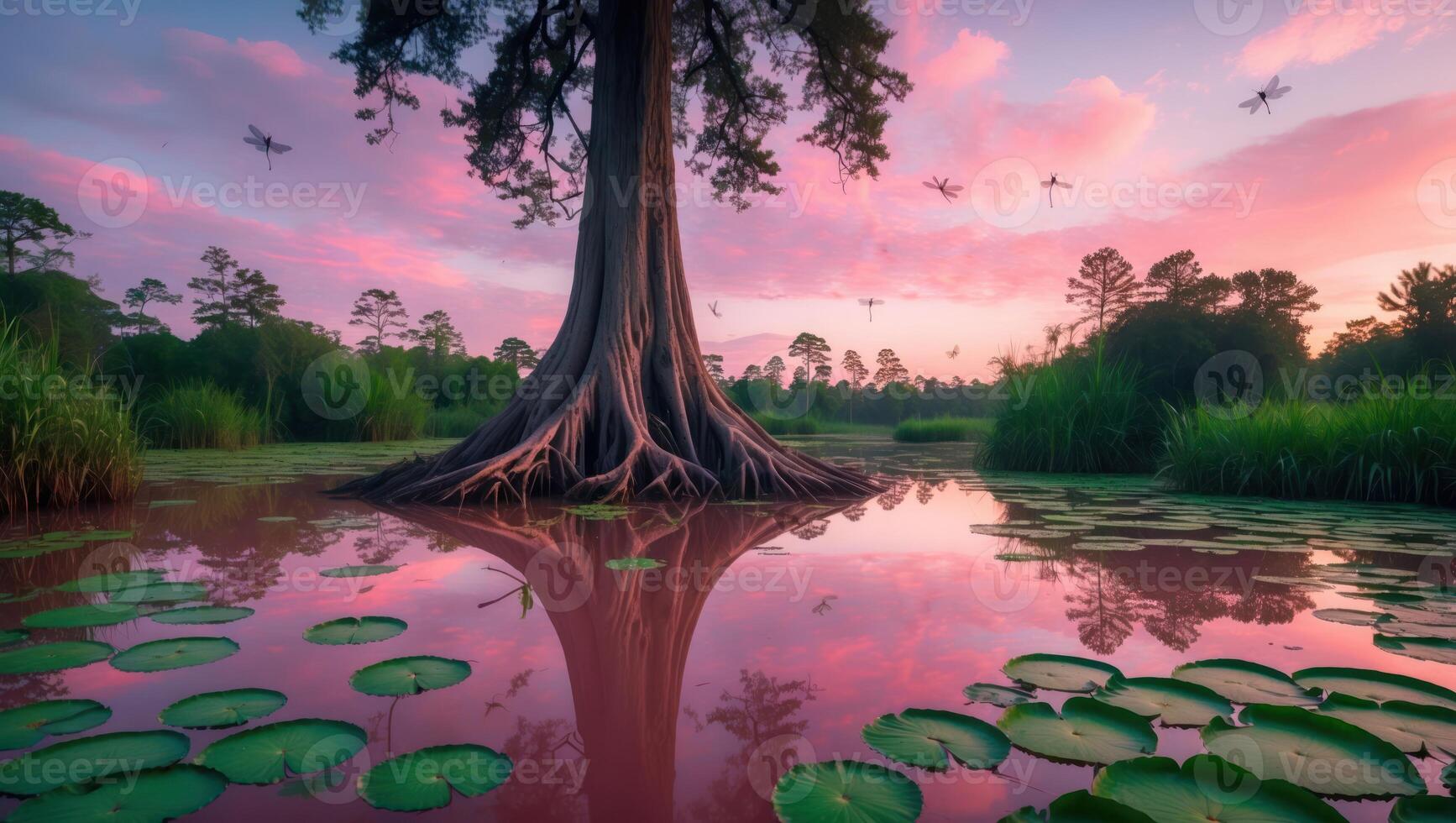 Tree Reflecting in Still Water with Dragonflies at Colorful Sunset photo