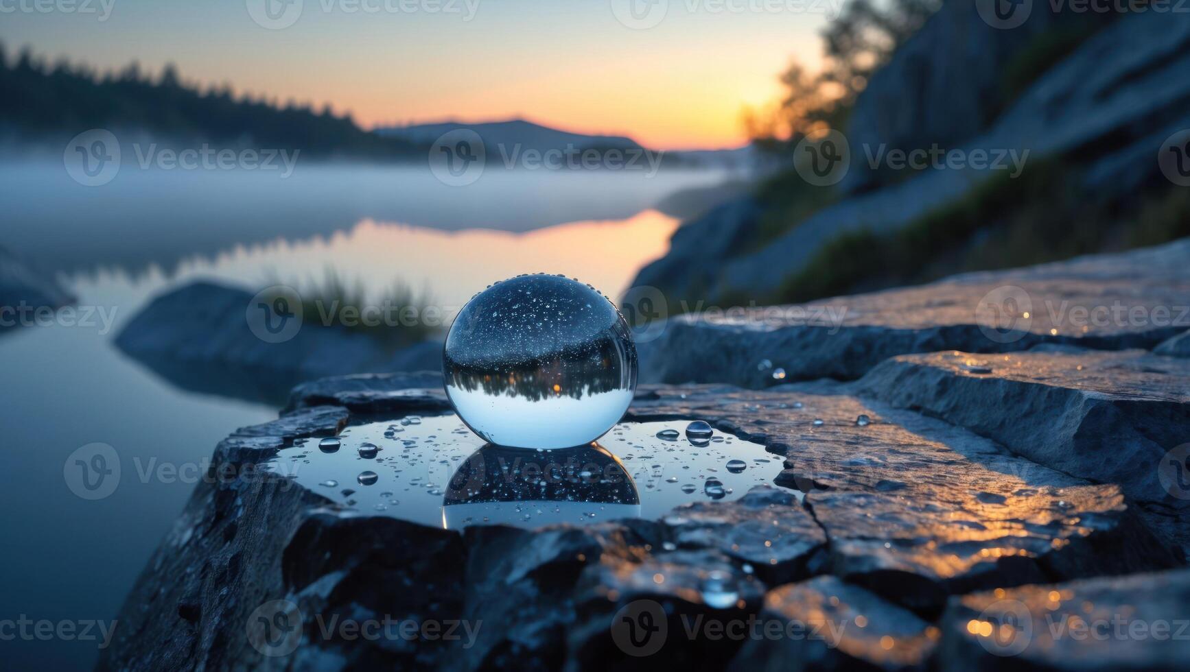 Lensball Reflecting Lake at Dawn on Wet Rock Surface photo