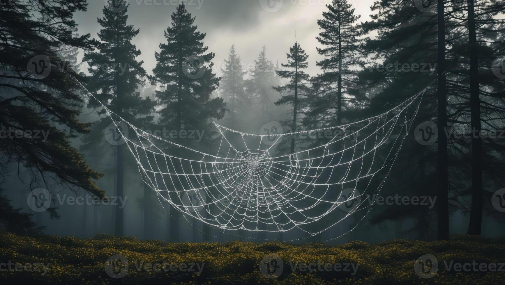 Spiderweb Hanging in a Forest with Misty Background Creating Mystery photo