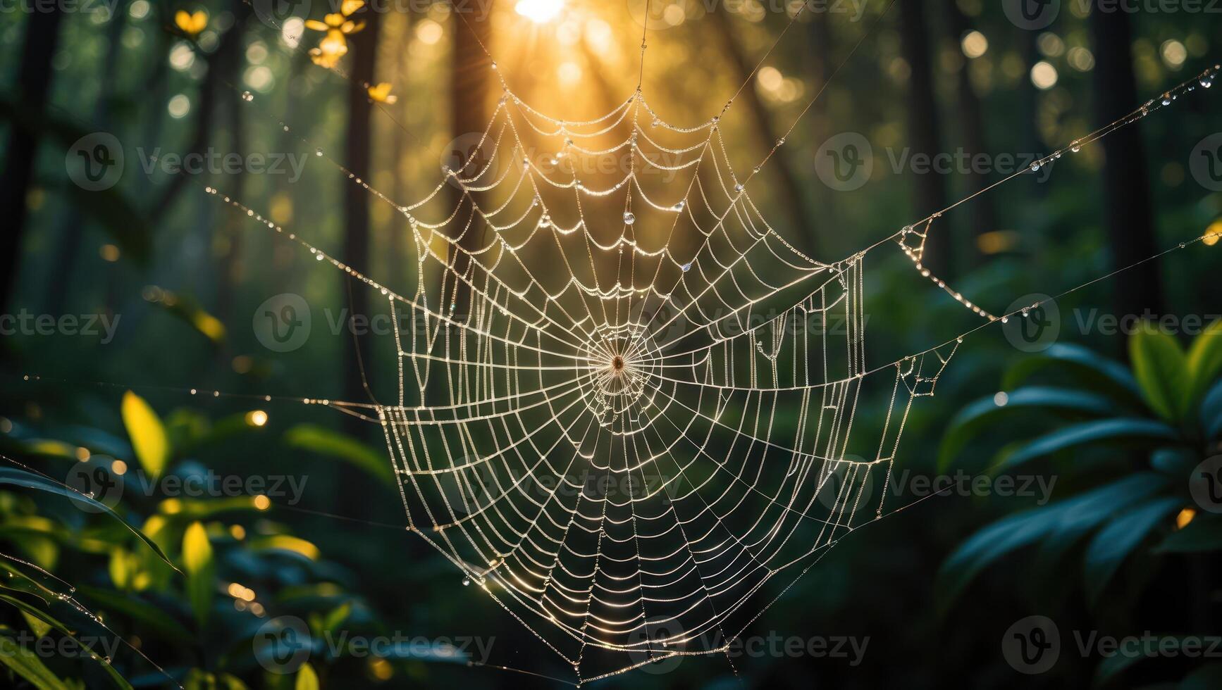 Spiderweb in Forest with Dew Drops and Sunlit Background photo