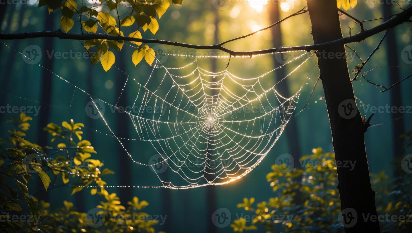 Spiderweb Glistens with Dew in a Dense Forest at Sunrise photo