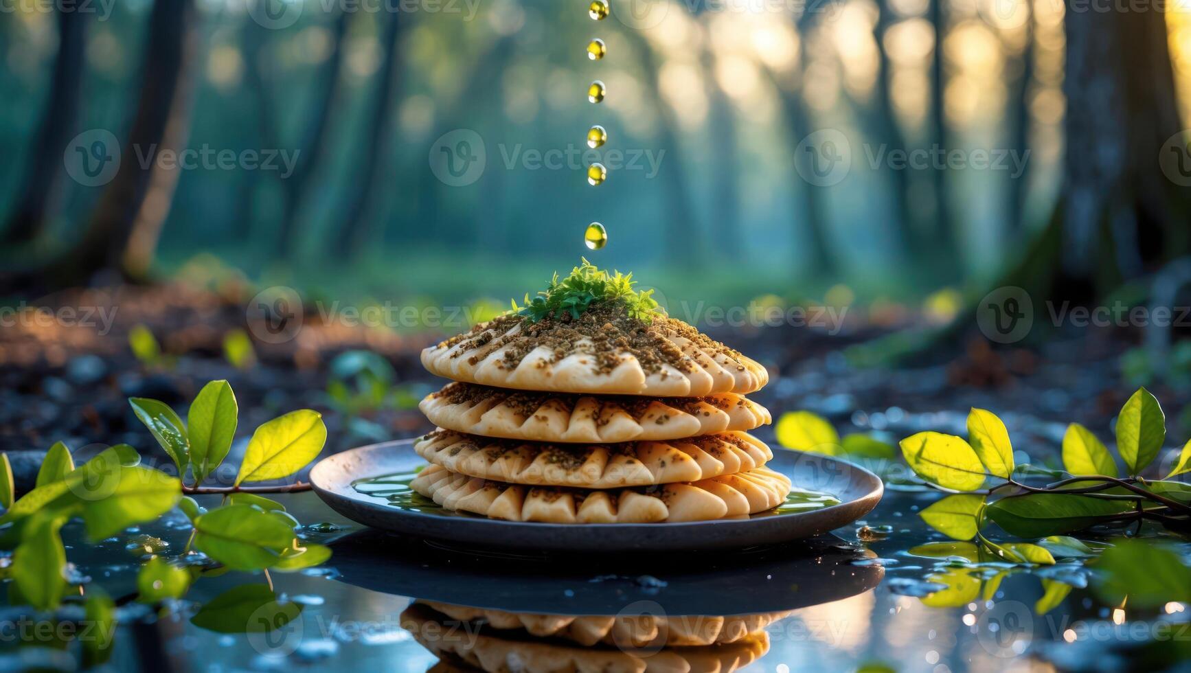Pancake Stack in Forest Being Drizzled with Liquid, Nature Backdrop photo