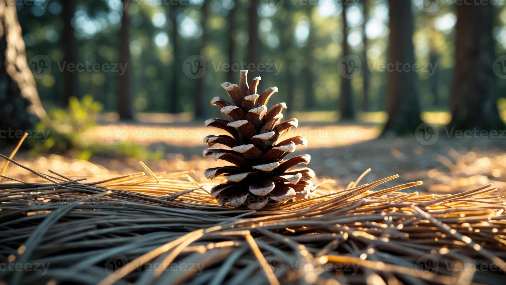 Pine Cone Standing on Needles in a Forest Landscape photo