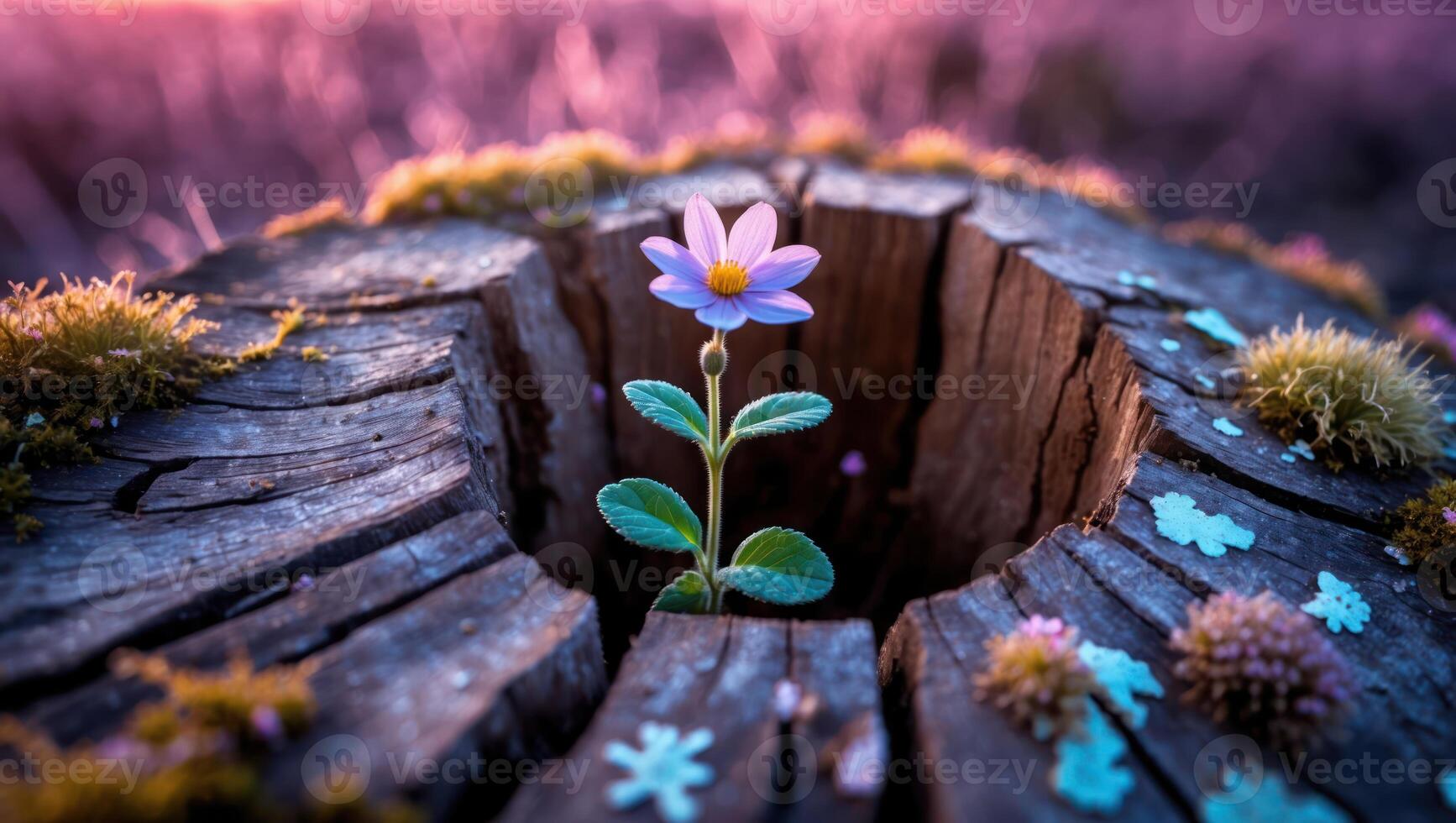 Flower Growing in Old Tree Stump Symbolic of New Beginnings photo