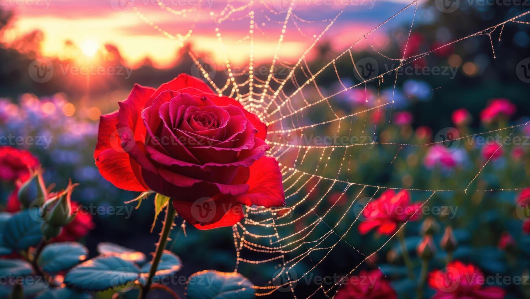 Red Rose Flower with Dew Covered Spider Web at Sunset photo