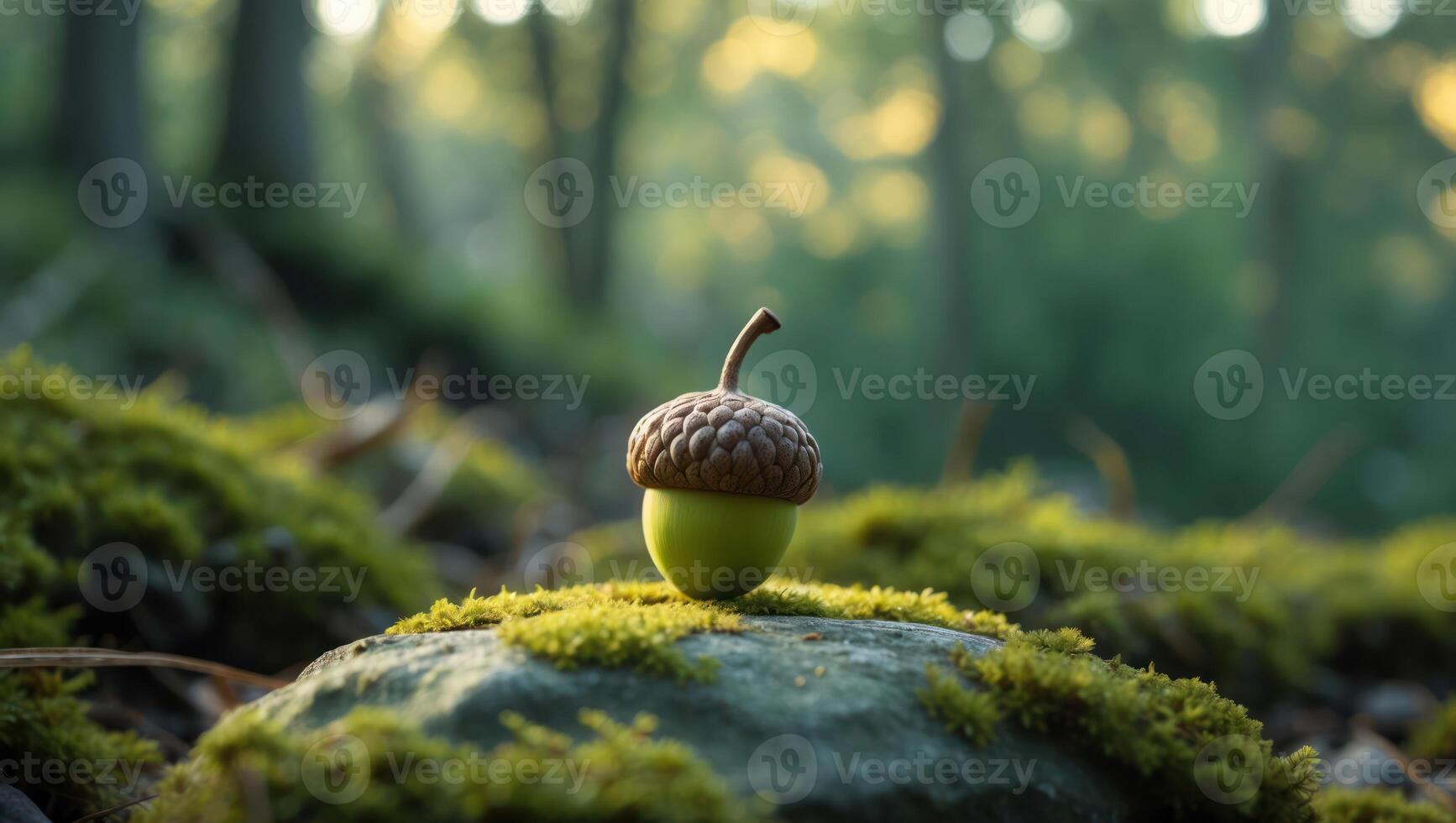 Acorn Resting on Mossy Rock in Forest Sunlight Creates Peaceful Scene photo